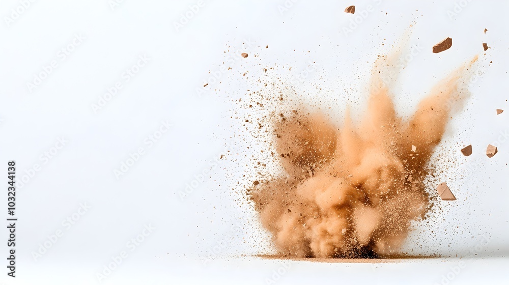 Poster energetic burst of chocolate colored powder creating a dynamic and captivating visual spectacle isol