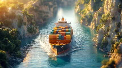 A large cargo ship travels through a narrow channel between cliffs, with colorful containers stacked on its deck.