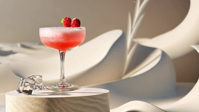 An exquisite pink cocktail in a frozen glass stands on a round podium with sand dunes in the background.