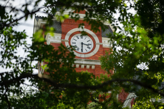 William J. Samford Hall clock tower northern side with foliage, Auburn, Alabama