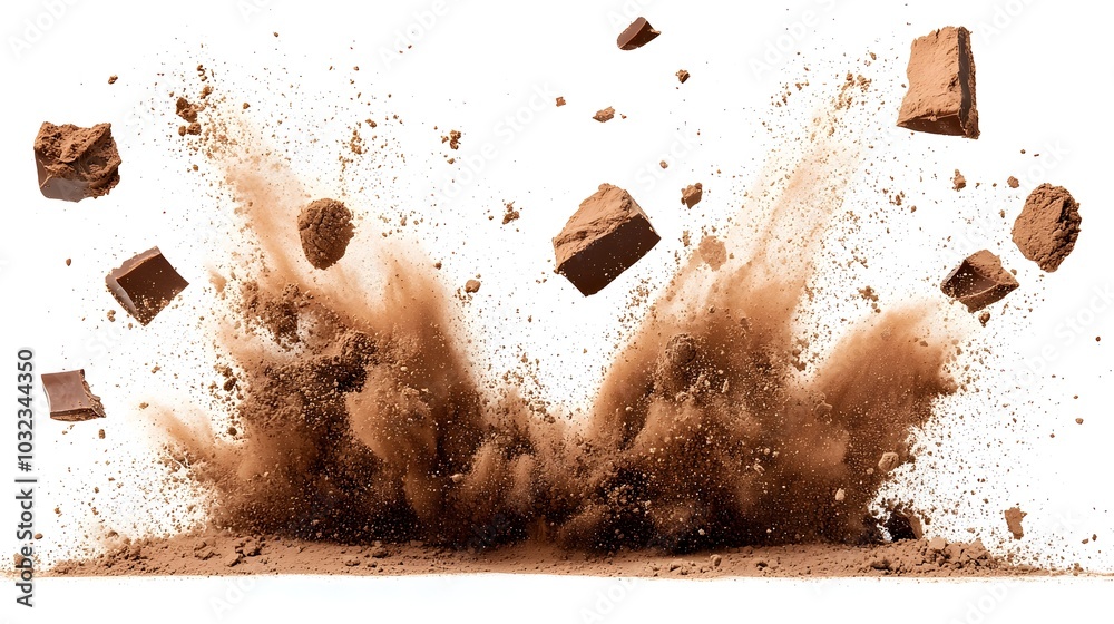 Poster dramatic explosion of rich chocolate colored powder creating an energetic burst of swirling dispersi