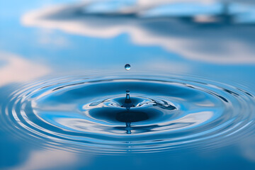 Water droplet falling into still water, creating concentric ripples of calm