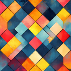 A vibrant geometric pattern features colorful, overlapping squares in warm and cool tones, creating a dynamic visual effect.