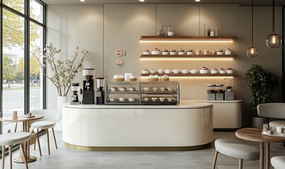 Small modern Korean style design cafe, glossy ivory white round corner counter, cake display, professional espresso machine, bar table, stool by window for, Generative AI