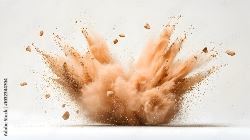 Poster explosive burst of rich chocolate colored paint powder in dynamic spirited motion creating a vibrant