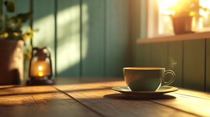 One cup of coffee on plain table, warm lighting, cozy minimalism