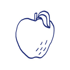 Apple fruit with leaf. Hand drawn vector sketch. Sweet food. Blue pen or marker drawing. Primitive kids picture