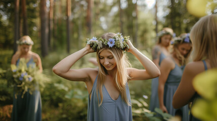 Obraz premium Women in nature crafting floral crowns.