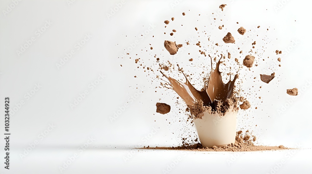Poster captivating image of a chocolate colored paint powder bursting into dynamic rich particles in motion