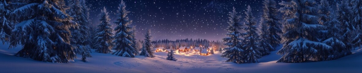 Fototapeta premium Panoramic view of a winter night with snow-covered trees and a cozy village in the distance