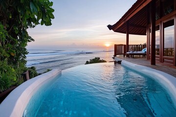 Obraz premium Infinity pool overlooking the Bali coastline, with the sun setting over the ocean horizon