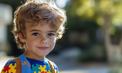 Kid with ribbon for World Autism Spectrum Disorder Awareness Day typically features a colorful puzzle pattern, symbolizing the complexity and diversity of individuals on the autism, Generative AI