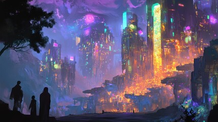 Obraz premium Silhouettes stand before a glowing, futuristic city.