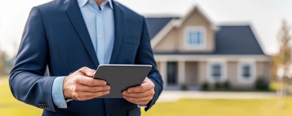 A professional in a suit holds a tablet in front of a modern house, showcasing a blend of technology and real estate.