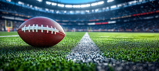 American football lying on a field ready for the game to start, copy space