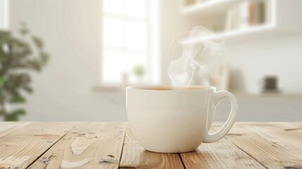 Steaming coffee mug on wooden table in bright sunlit room with shelves and plant