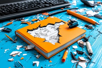 Notebook with torn pages, filled with sketches and doodles