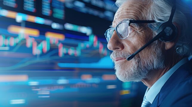 Senior financial analyst with headset analyzing stock market charts on multiple screens