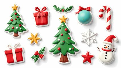 Set of groovy 3d colorful stickers, christmas tree, ball, gifts, candy cane, star, snowman, christmas hat, snowflake