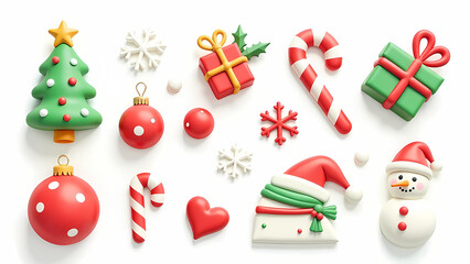 Set of groovy 3d colorful stickers,christmas tree, ball, gifts, candy cane, snowman, christmas hat, snowflake