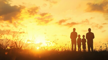 Fototapeta premium Silhouetted family of four watching a golden sunset in a field, symbolizing togetherness, warmth, and the beauty of nature.