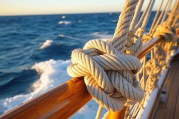 Obraz premium Rope knot tightly bound to the ship s rail, sunlight dancing on the waves as the ship sails through calm waters, maritime precision, focus on adventure and peacefulness