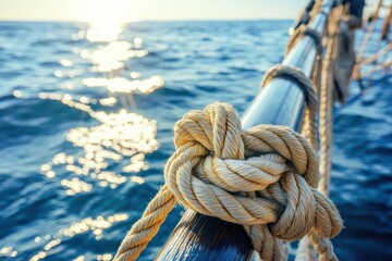 Fototapeta premium Rope knot tightly bound to the ship s rail, sunlight dancing on the waves as the ship sails through calm waters, maritime precision, focus on adventure and peacefulness
