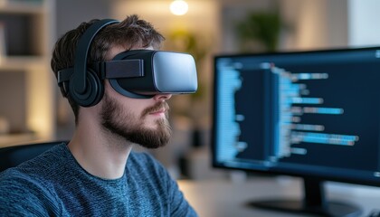 A man wearing a VR headset engages with a computer screen displaying code, immersed in a virtual environment, showcasing technology and programming.