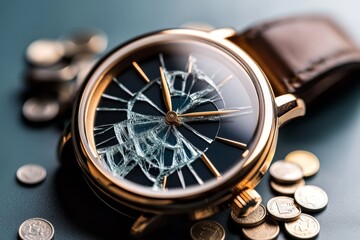 Fototapeta premium Old wristwatch with a cracked glass face, lying beside loose change