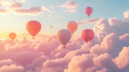 Fototapeta premium Hot air balloons floating above fluffy clouds.