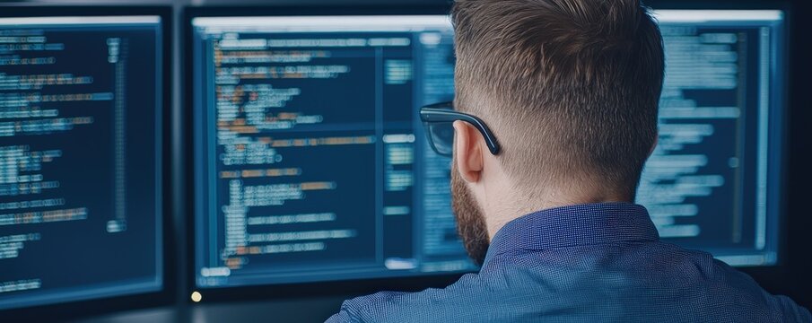 A developer works on multiple screens displaying code, immersed in programming, showcasing a modern tech environment.