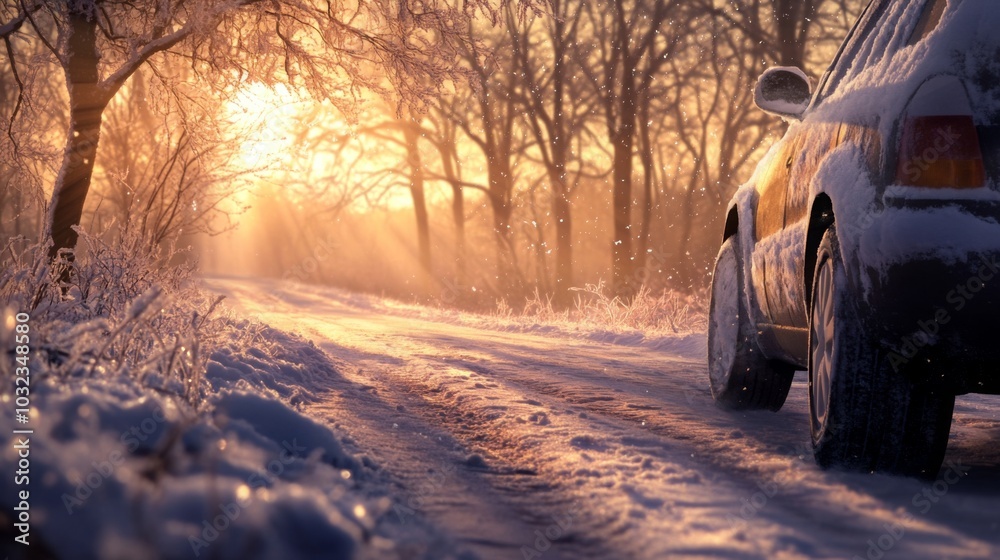 Poster The sunset casts a warm glow over a snowy road where a car is parked. Frosty trees line the path, creating a serene winter atmosphere filled with soft light and gentle shadows in the fading day.