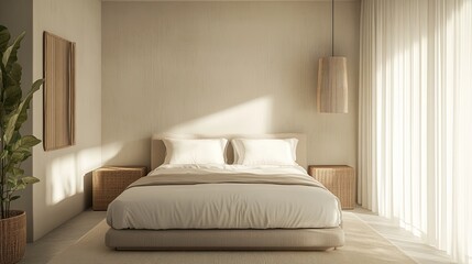A minimalist bedroom with neutral tones and soft textures, showcasing a calming space designed for optimal sleep and relaxation.