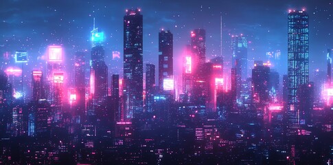 Fototapeta premium Futuristic cityscape at night with glowing neon lights and skyscrapers.