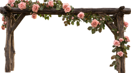 A rustic wooden arbor adorned with pink roses and green leaves, ideal for weddings or garden decoration.