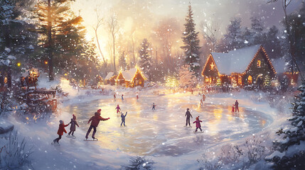 A whimsical scene of children ice skating on a frozen pond in a snow-covered forest, with a cozy Christmas village in the background 