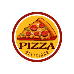 Delicious pizza logo design vector illustration template simple design sticker lettering icon