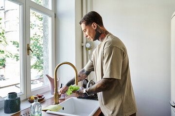 A young man attentively washes fresh vegetables at his cozy kitchen sink, surrounded by sunlight.