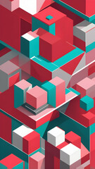 Geometric Cubical Background with pink, red, turquoise accents, Modern, Minimalist Design on White