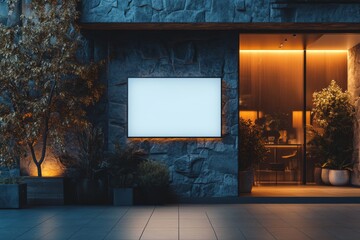 Blank Sign Mockup on Stone Building with Warm Lighting at Night