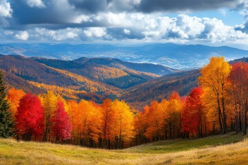 Fototapeta premium Autumn Forest Landscape with Colorful Trees and Mountains