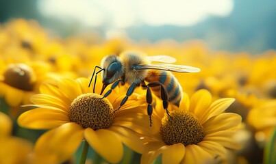 Bees pollinate food crops cute 3d anime style. bee sunflower, Generative AI