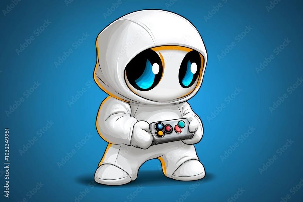 Poster retro pixel art character holding a joystick, with animated blinking eyes