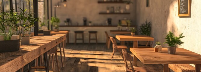Fototapeta premium 57. A chic cafe with wooden tables and soft lighting, waiting for an item to showcase