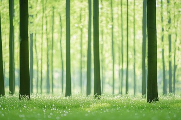 A serene forest scene with tall, green trees and a soft, grassy floor, evoking tranquility and the beauty of nature.