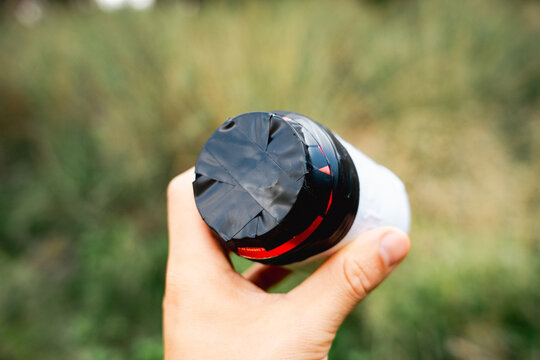homemade pinhole camera or stenopeic camera, made with a can and installed in nature. Diy photographic camera experiment