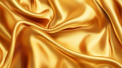 Golden satin fabric draped in soft waves, luxurious and shiny, perfect for elegant decoration
