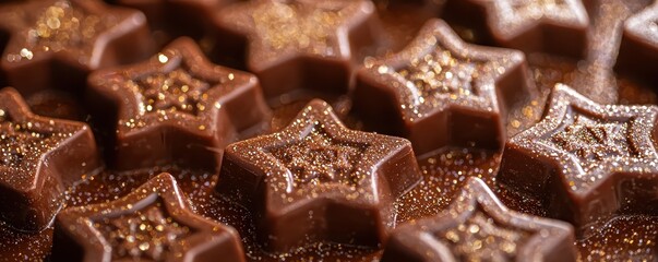 Close-up of delicious star-shaped chocolates with glistening sparkles, perfect for holiday treats, desserts, and festive celebrations.