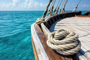 Tightly knotted rope on the wooden ship s bow, shimmering sea stretching endlessly into the horizon, nautical precision, evoking the balance between adventure and peace