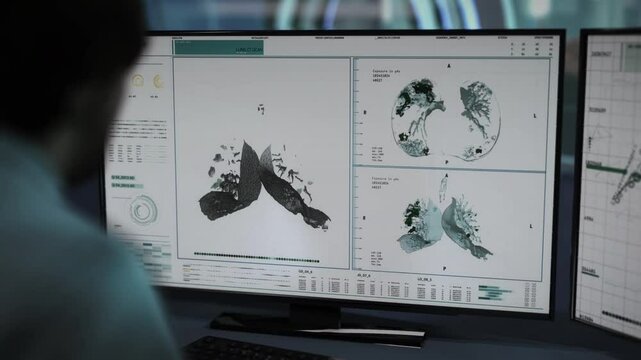 A doctor is sitting behind two monitors. Investigating the computer rendering human lungs, Trying to find the cause for the damage. The reason was identified as Covid-19 Pneumonia. User Interface.
